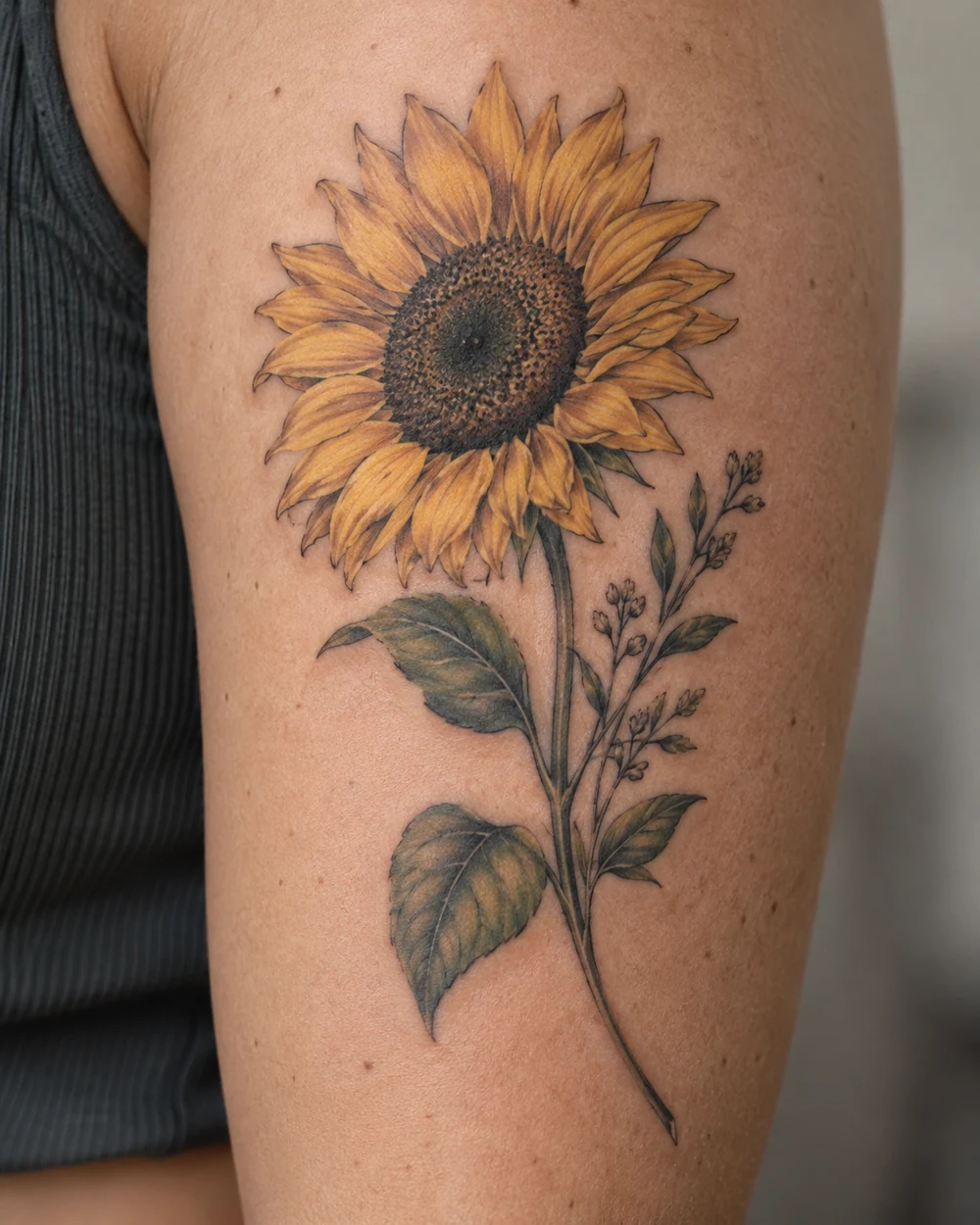 Sunflower tattoo with golden petals and a narrow leafy sprig beside the stem on an outer arm