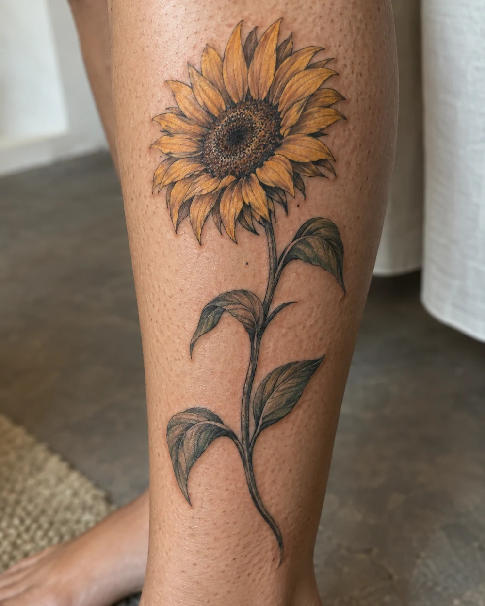 Golden sunflower tattoo with one open bloom, a long curved stem, and spaced leaves on a lower leg