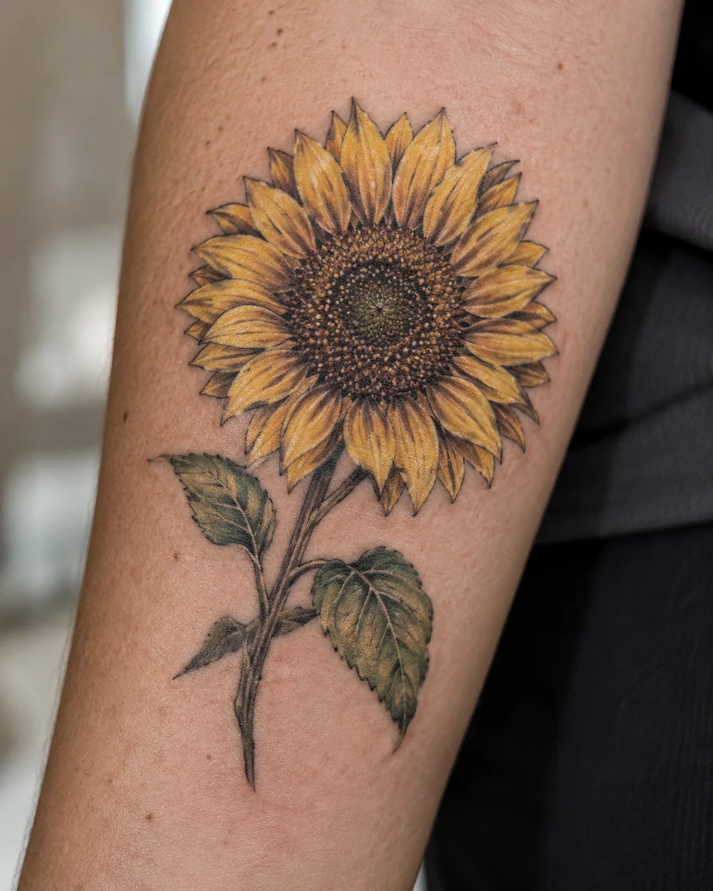 Golden sunflower tattoo with overlapping petals, a dark patterned center, and a small leafy stem on the forearm