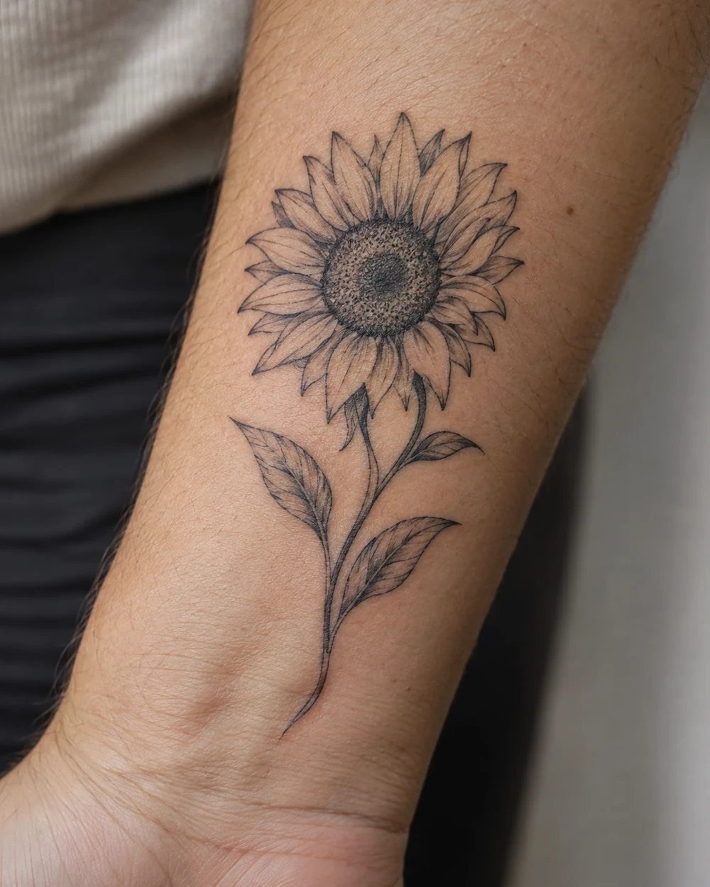 Black fine-line sunflower tattoo with an open bloom, slender stem, and narrow veined leaves on the wrist and forearm