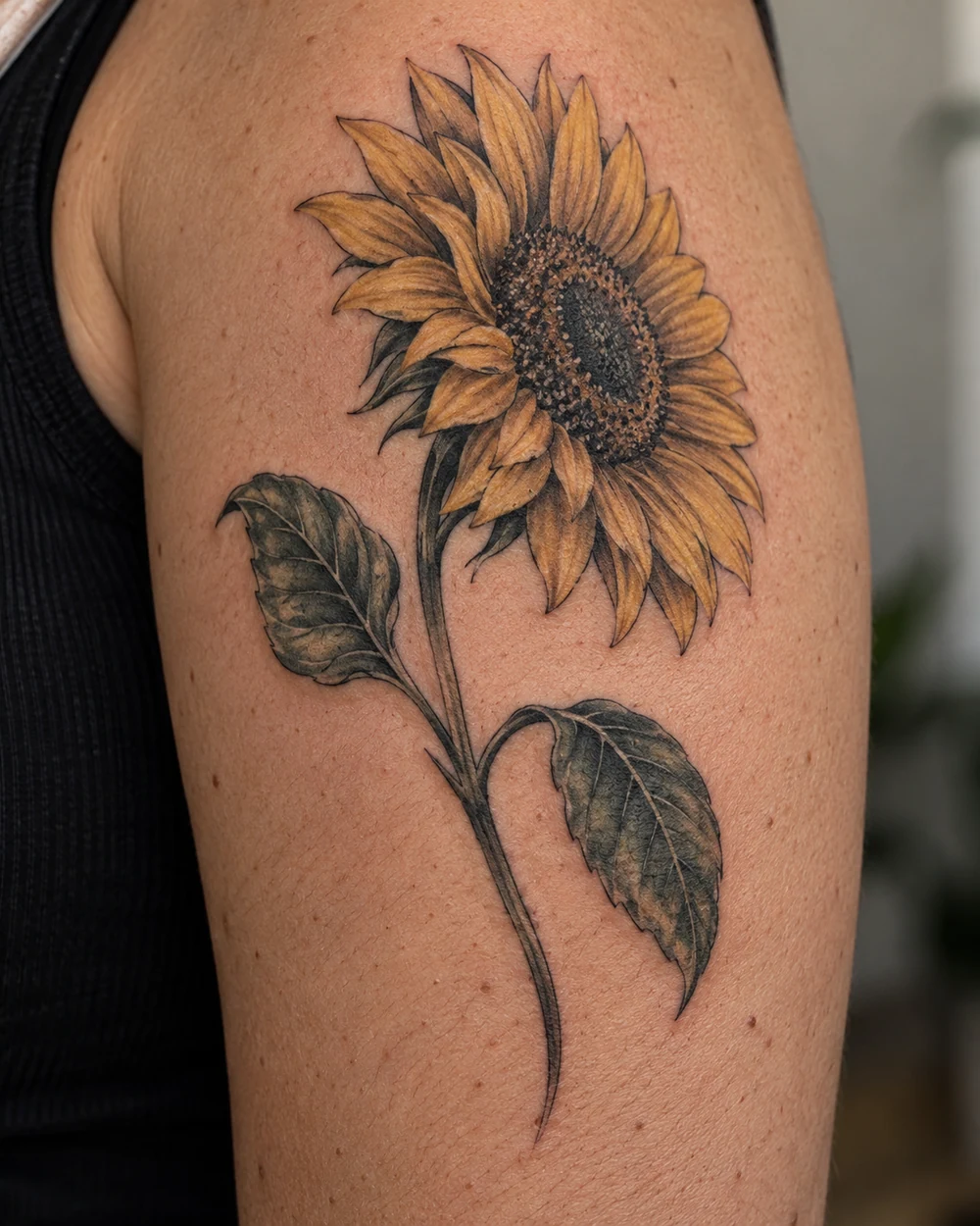 Golden sunflower tattoo with layered petals, curved stem, and two shaded leaves on the upper arm