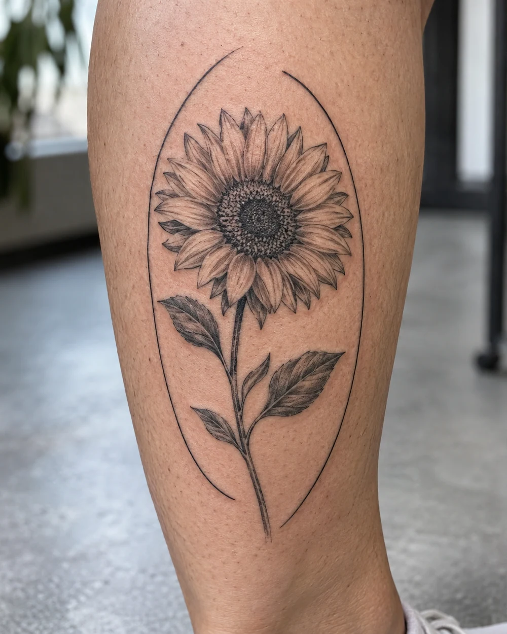 Black and gray sunflower tattoo with a leafy stem inside an open oval outline on a calf