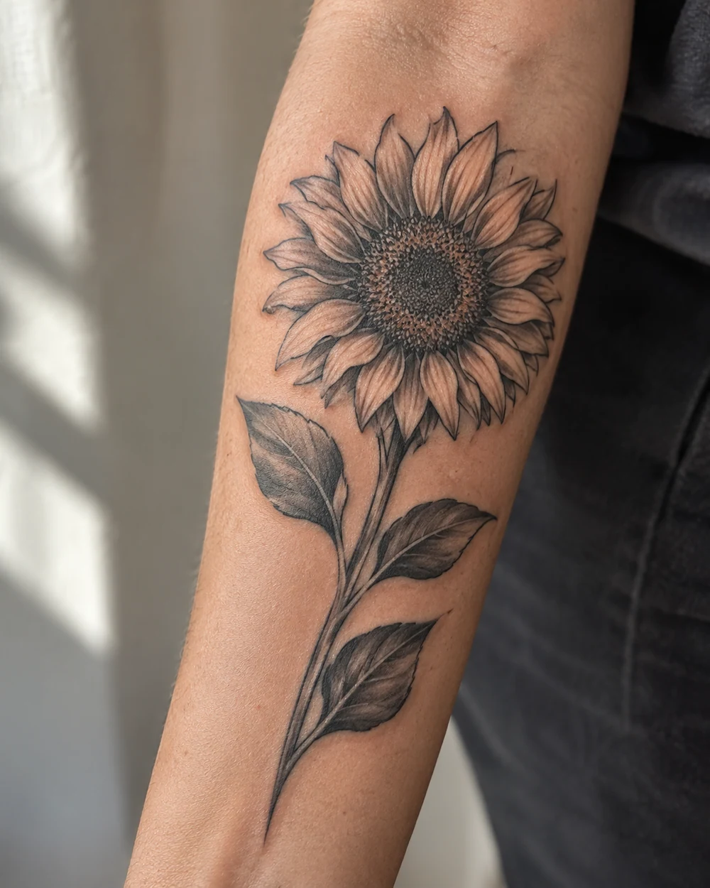 Black-and-gray sunflower tattoo with an open bloom and three pointed leaves along the forearm stem