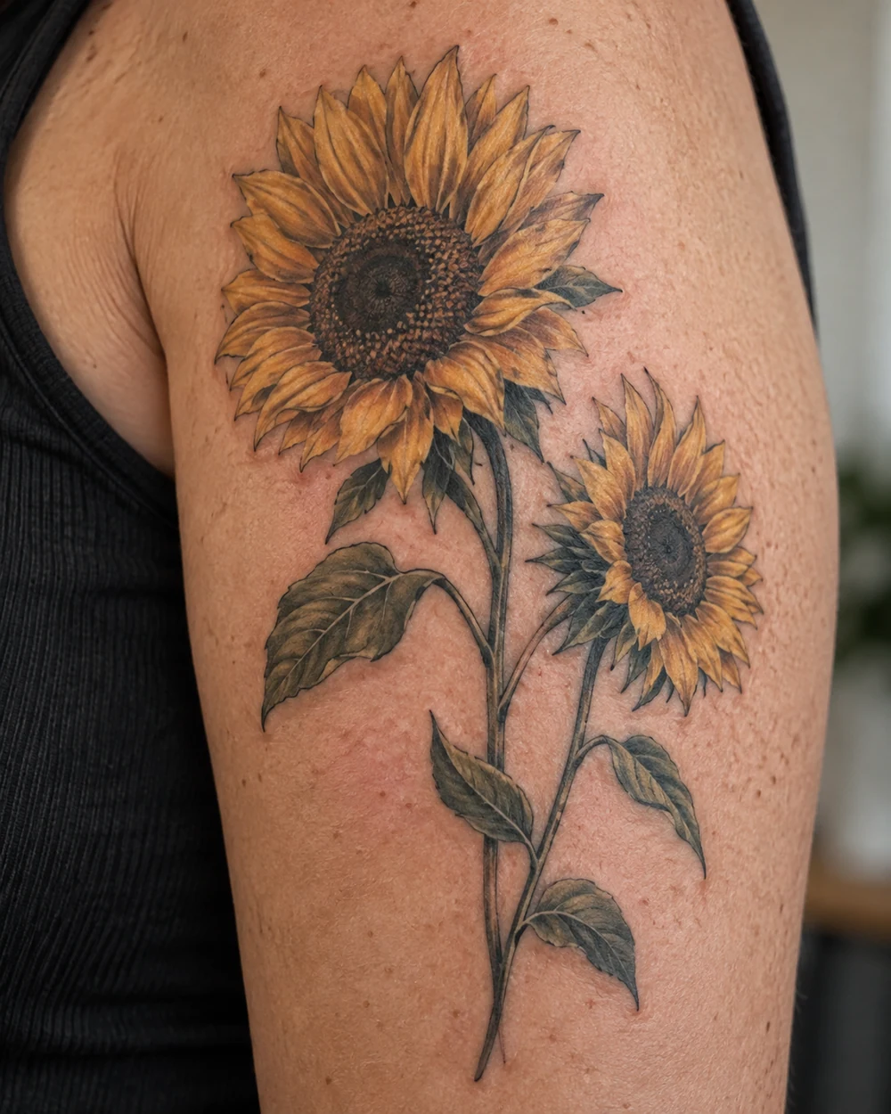 Golden sunflower tattoo with a large and smaller bloom, separate stems, and dark leaves on an upper arm
