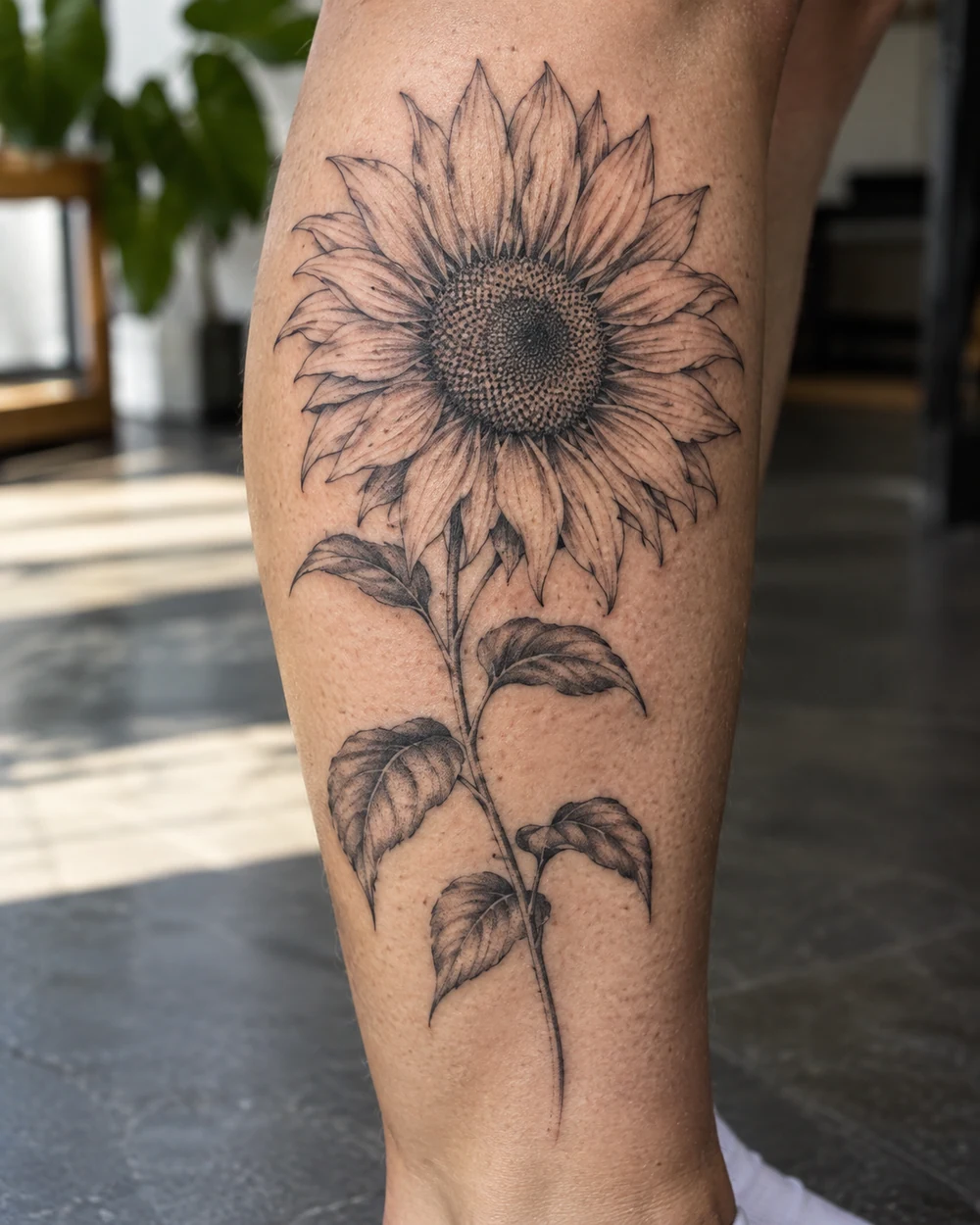 Black-and-gray sunflower tattoo with a stippled center, long petals, and leafy stem on a lower leg