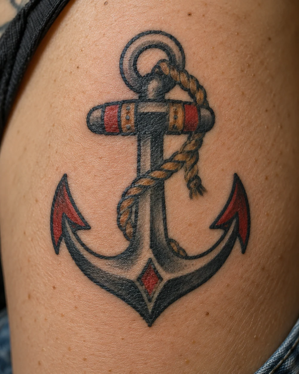 Traditional navy anchor tattoo with a short rope loop and red accents on a forearm