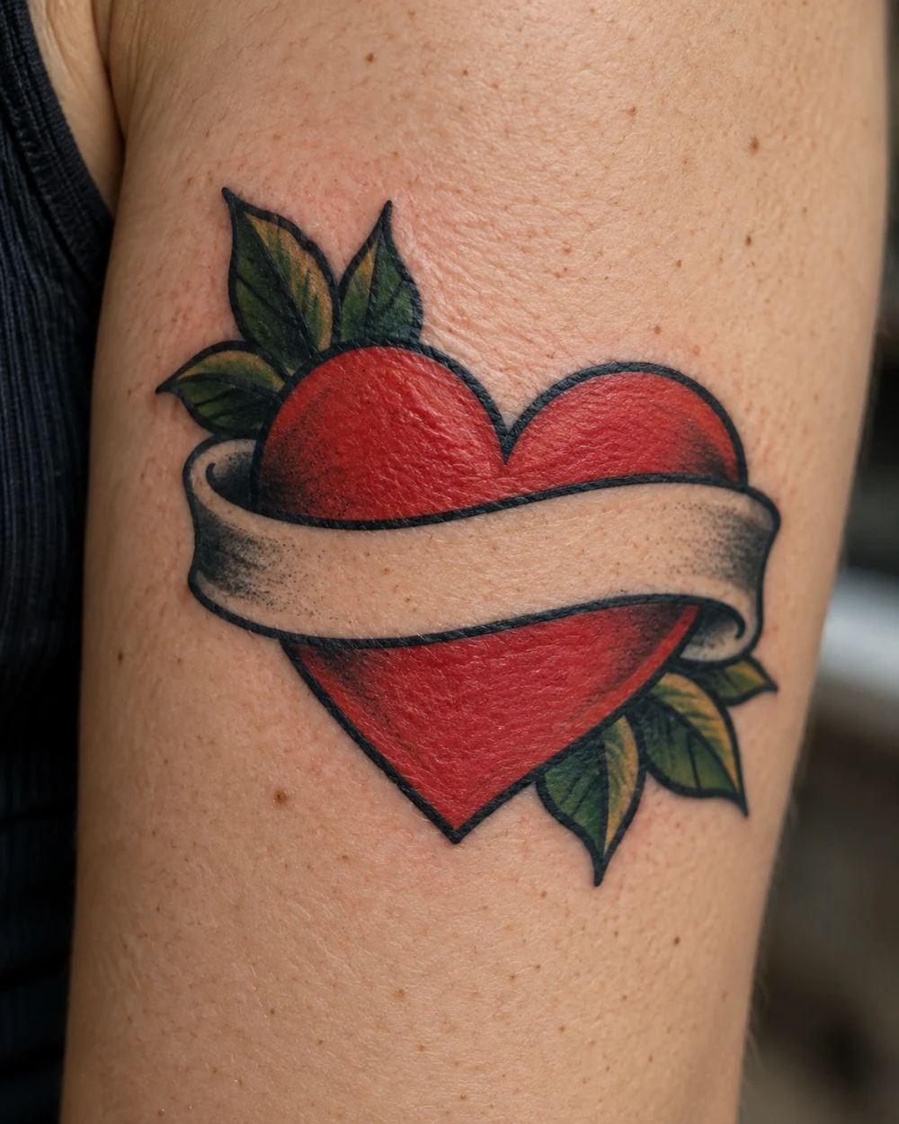 Traditional red heart tattoo wrapped by a blank pale banner with green leaves on an upper arm