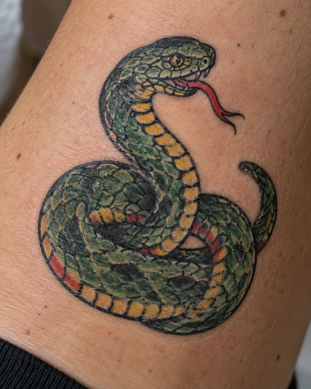 Traditional tattoo of a green, scale-patterned snake curled in a loop with its head raised and red tongue extended