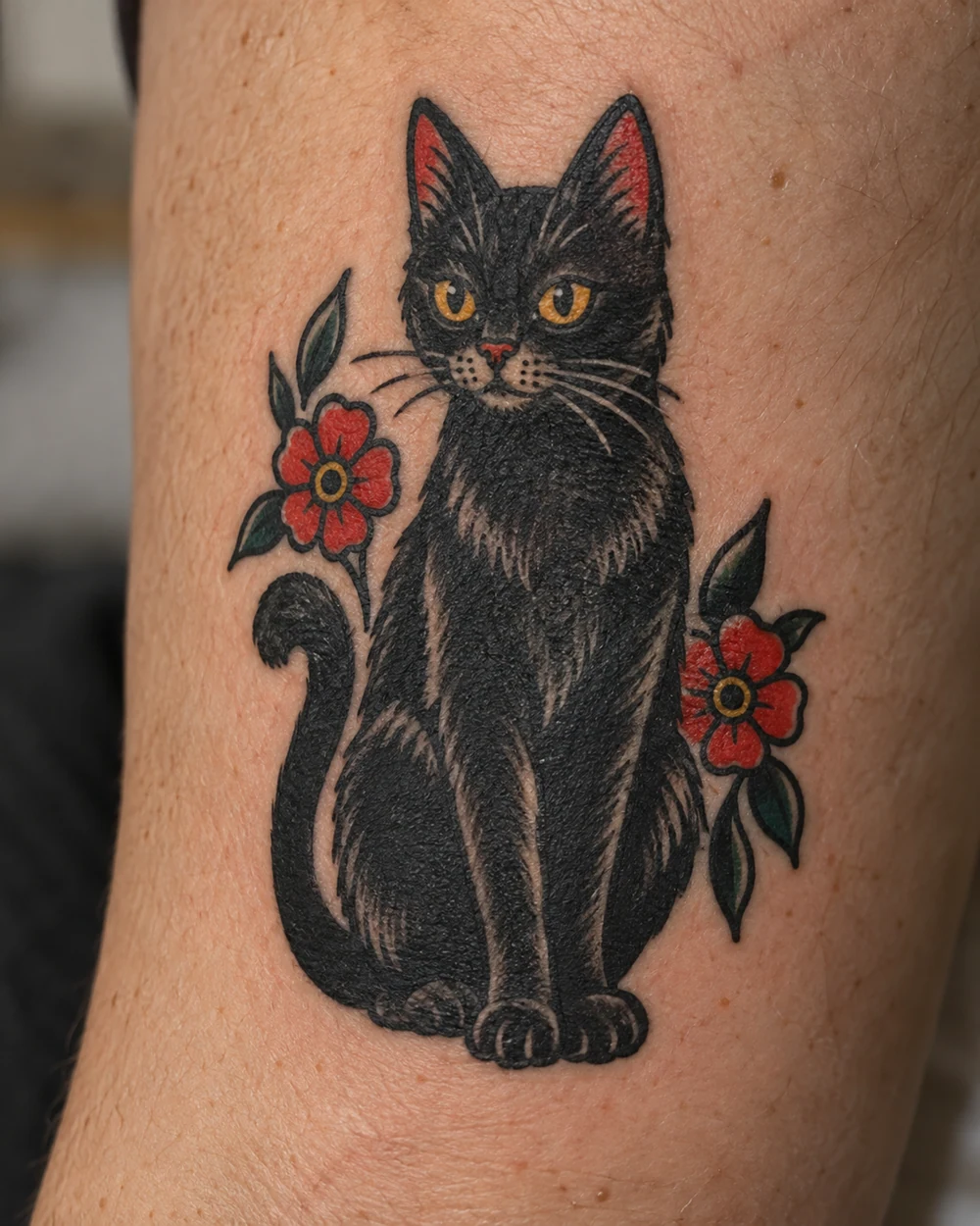 Seated black cat tattoo with bright eyes and two red flowers on an upper arm