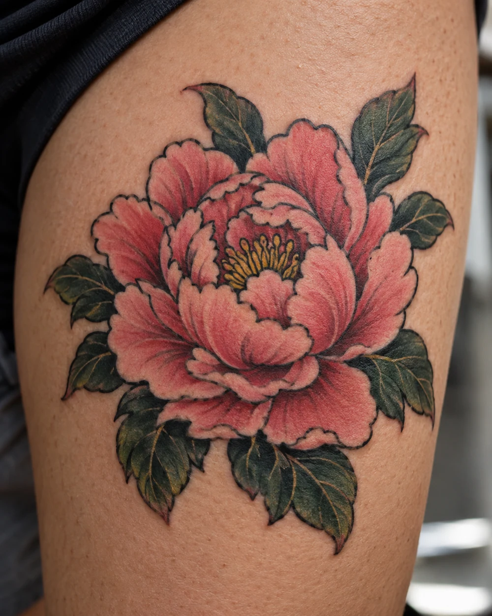 Traditional tattoo of a rounded pink peony with layered petals, a golden center, and dark green leaves