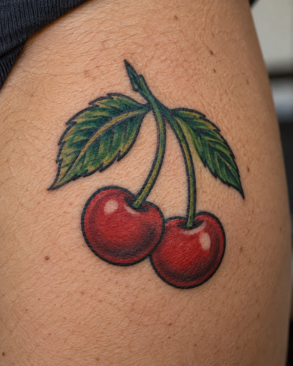 Traditional tattoo of two red cherries on curved green stems with broad leaves