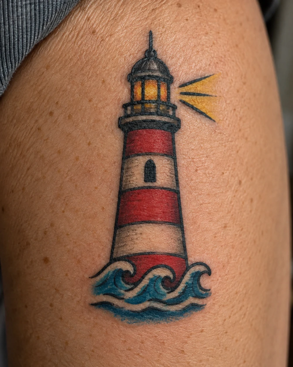 Traditional lighthouse tattoo with red and cream tower, blue waves, and yellow beam