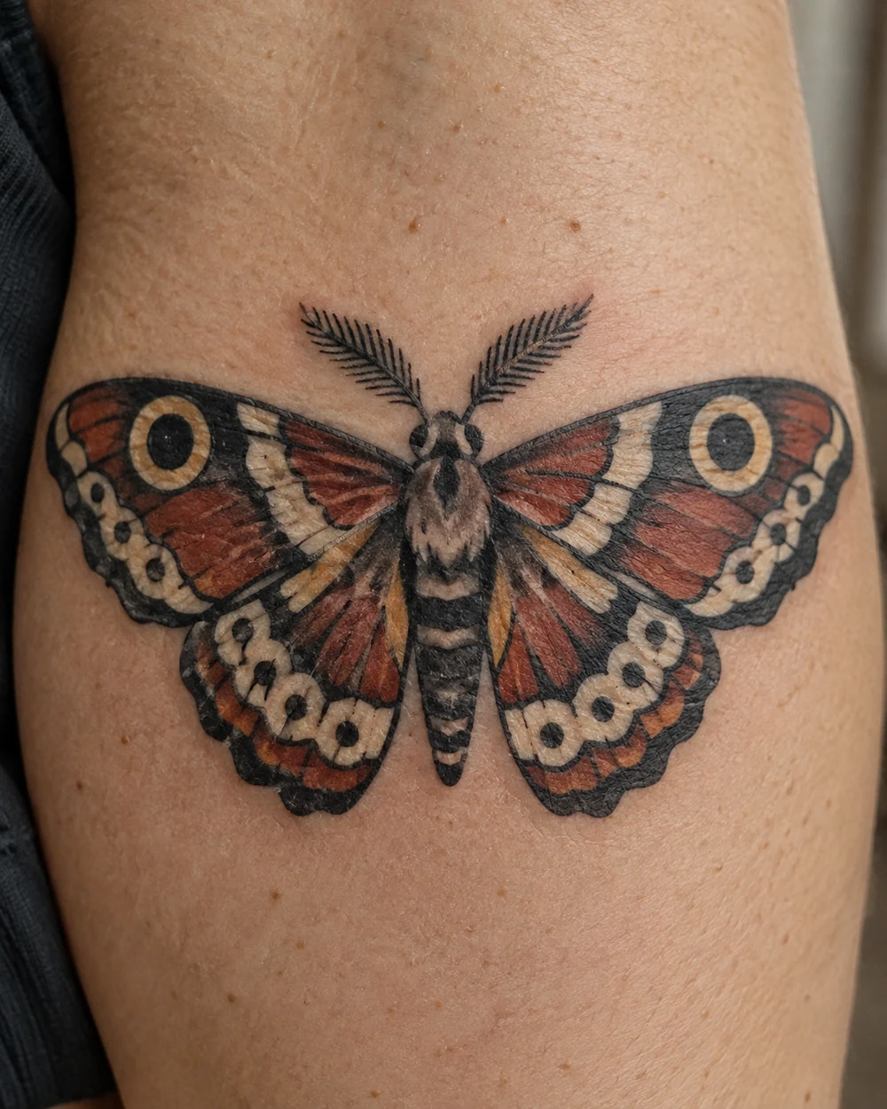 Traditional moth tattoo with symmetrical rust, cream, and black patterned wings on an upper arm