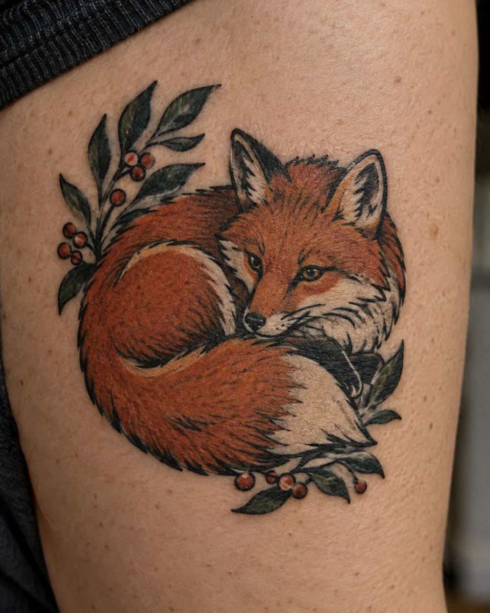 Traditional curled fox tattoo with cream markings and dark outlines