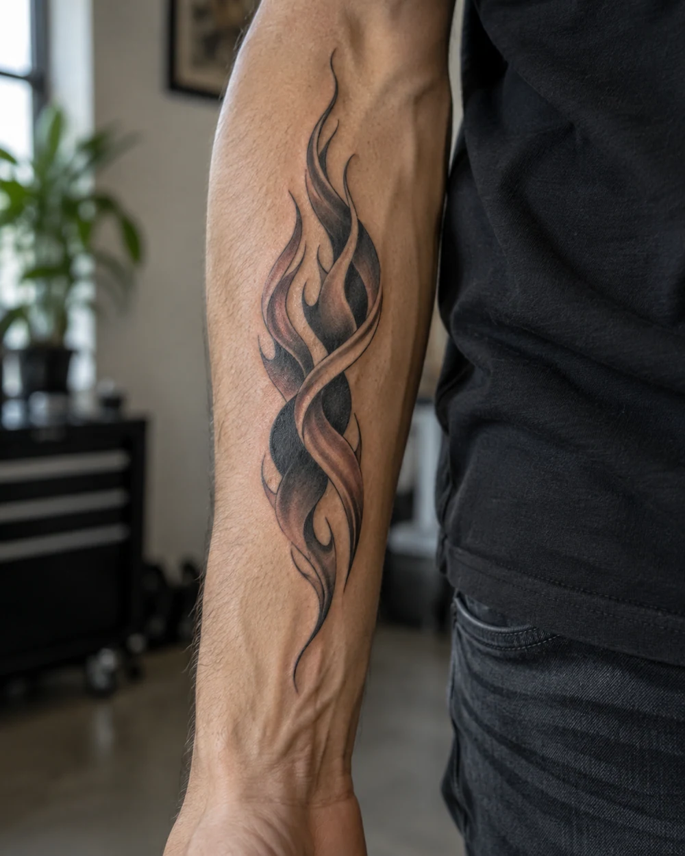 Vertical shaded tattoo of two flowing flame forms crossing and intertwining on a forearm.