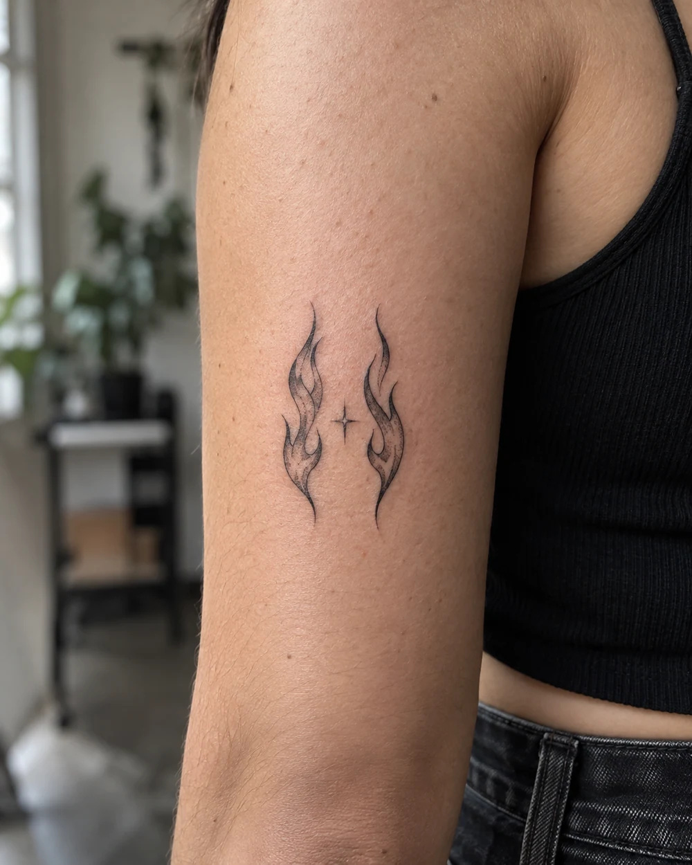 A tattoo of two fine-line flames with a small four-point star between them on an upper arm.