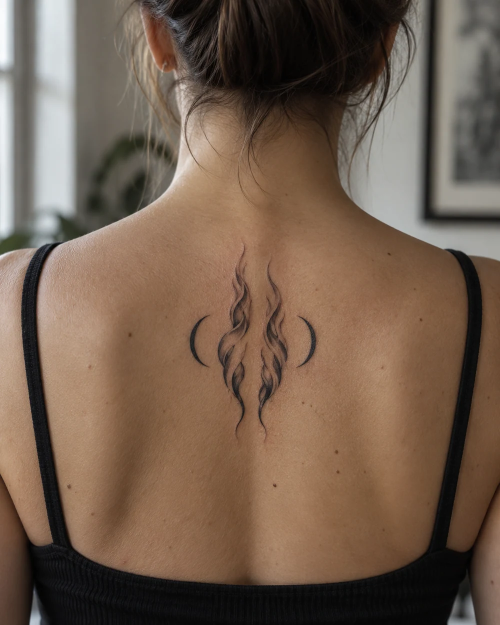 Symmetrical tattoo design of two curling flames flanked by slim crescent moons.