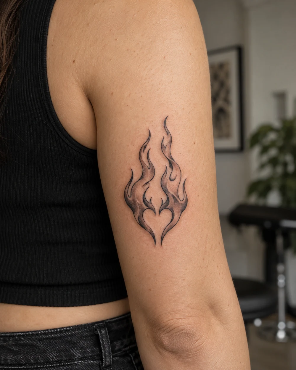 Black and gray twin flame tattoo with a small heart-shaped center on an upper arm.