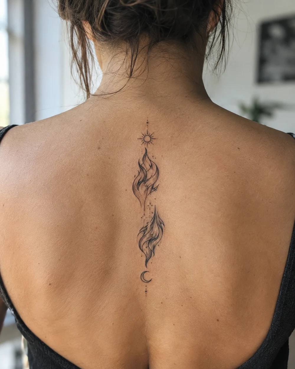 Twin flame tattoo with a tiny sun above one flame and a crescent moon above the other.