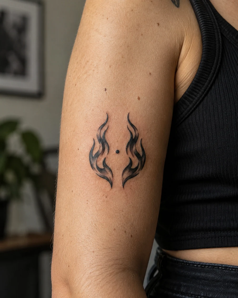 Fine-line black tattoo of paired curved flames arranged as an open circular emblem around a small dot on the upper arm.