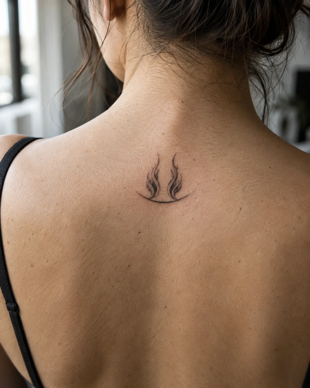 Compact black fine-line tattoo of two distinct flame tips rising from a single shallow curved line.