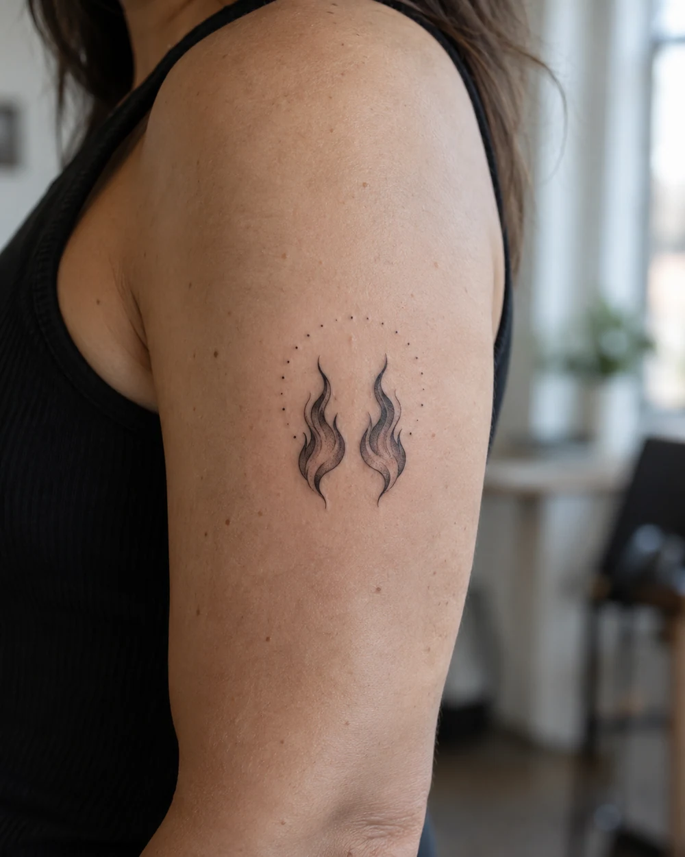 Twin flame tattoo with a sparse dotted arc around the paired flames.