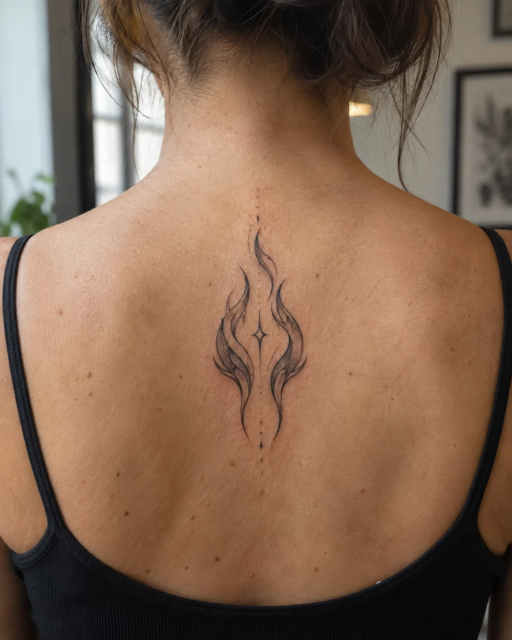 Black twin flame tattoo with a long central spark on an upper arm.