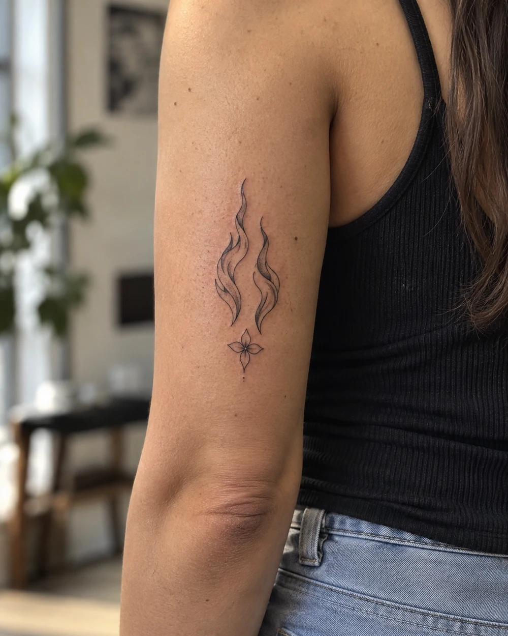 Vertical black outline twin flame tattoo above a small four-petal flower on an upper arm.