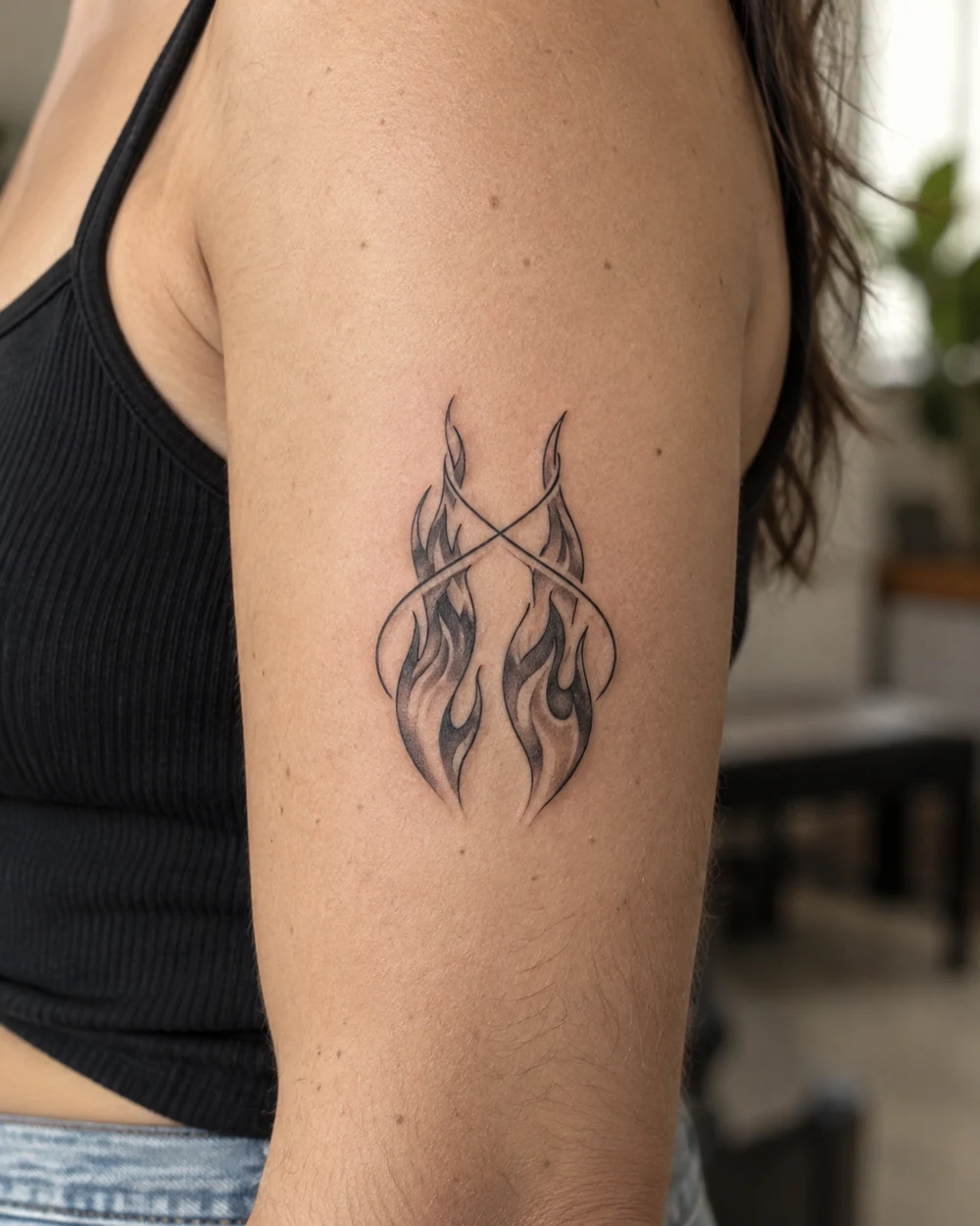 Black and gray twin flame tattoo with a flowing line crossing below the pointed tips, placed on the upper arm.