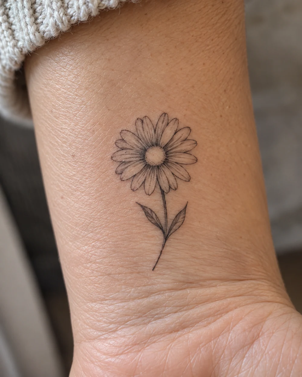 Small fine-line daisy tattoo with an open center, short stem, and two leaves on the wrist