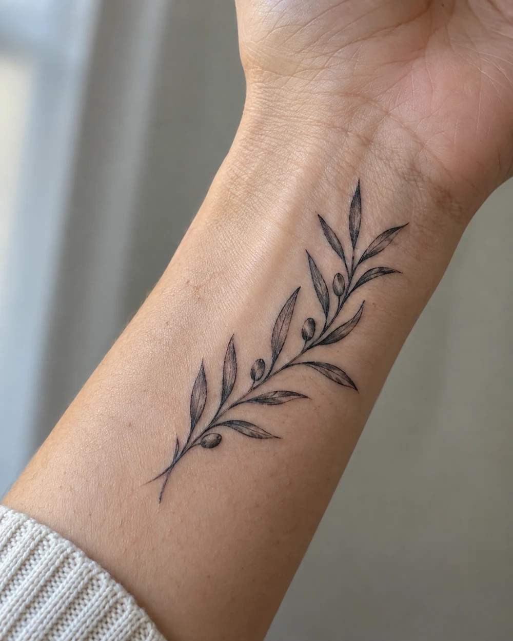 Fine-line olive branch tattoo with alternating leaves across a wrist