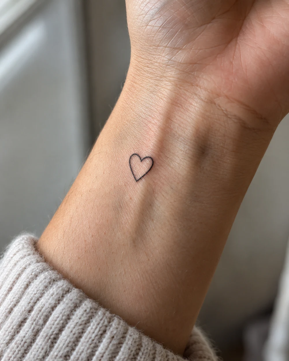 Tiny black heart outline tattoo on the inner wrist