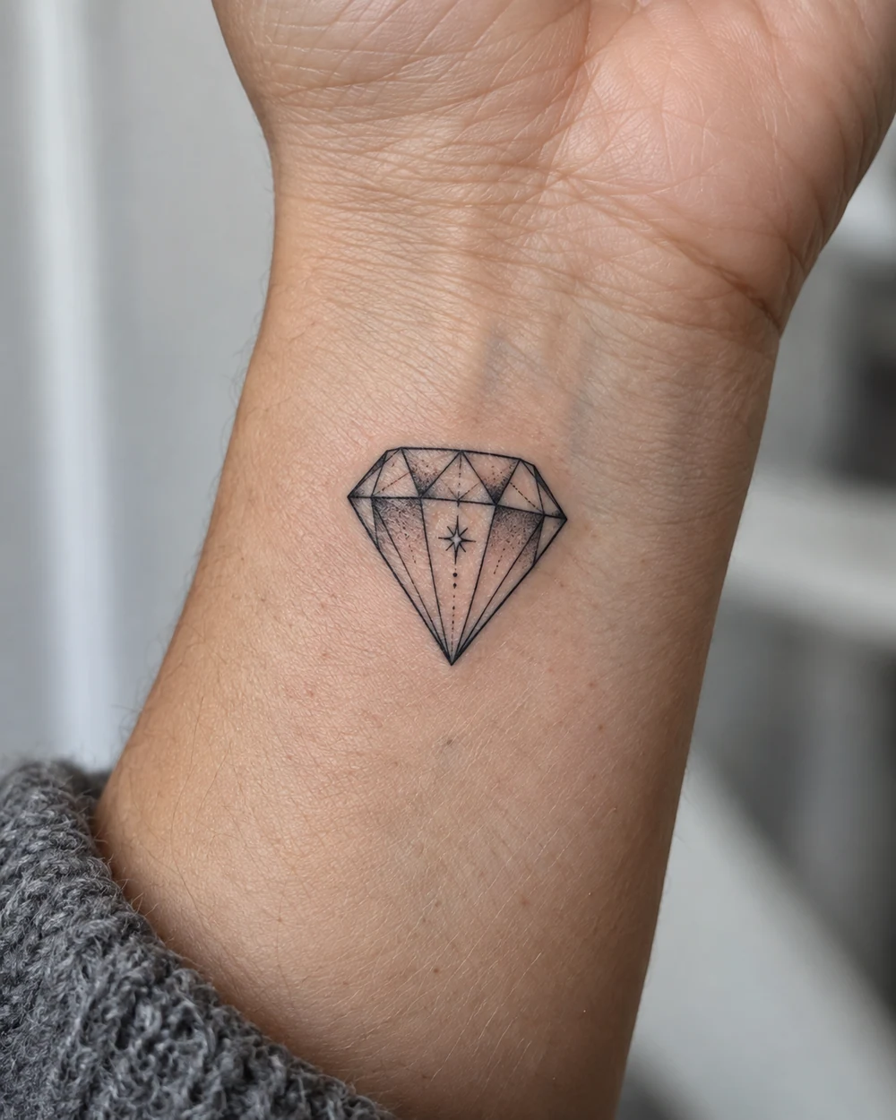 Fine-line geometric diamond tattoo centered on an adult woman's wrist