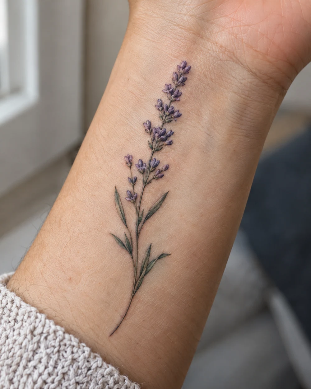 Delicate lavender stem tattoo with purple buds and slim leaves on the inner wrist
