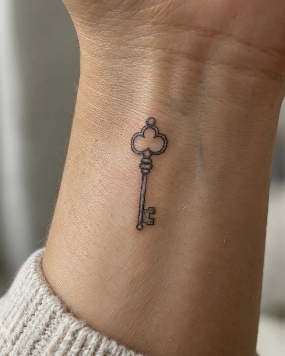 Small vertical fine-line black key tattoo on a wrist