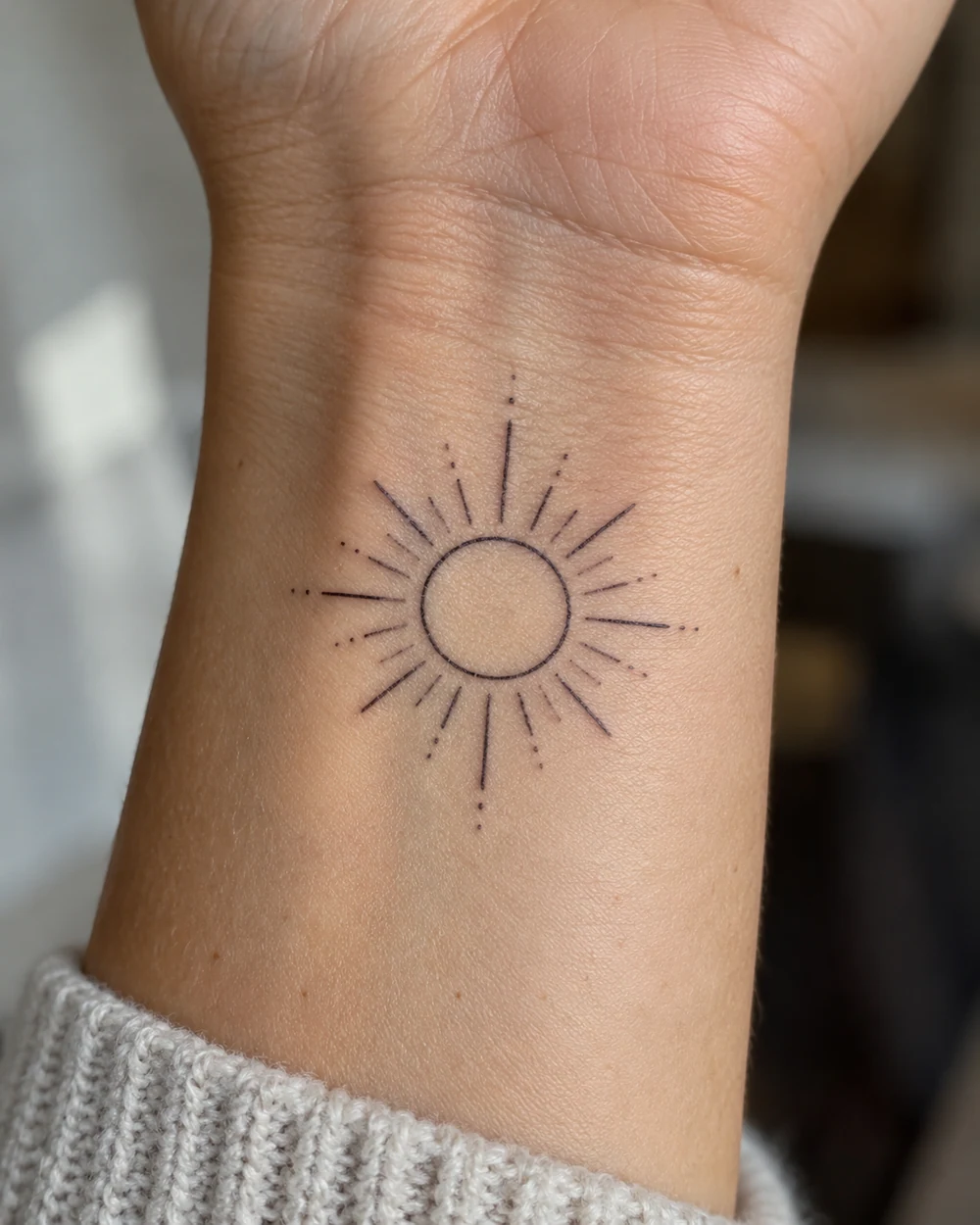 Fine-line black sunburst tattoo with a central circle, varied rays, and dot accents on the inner wrist