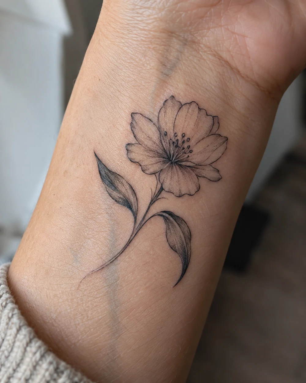 Fine-line black blossom and two curved leaves tattoo on a wrist